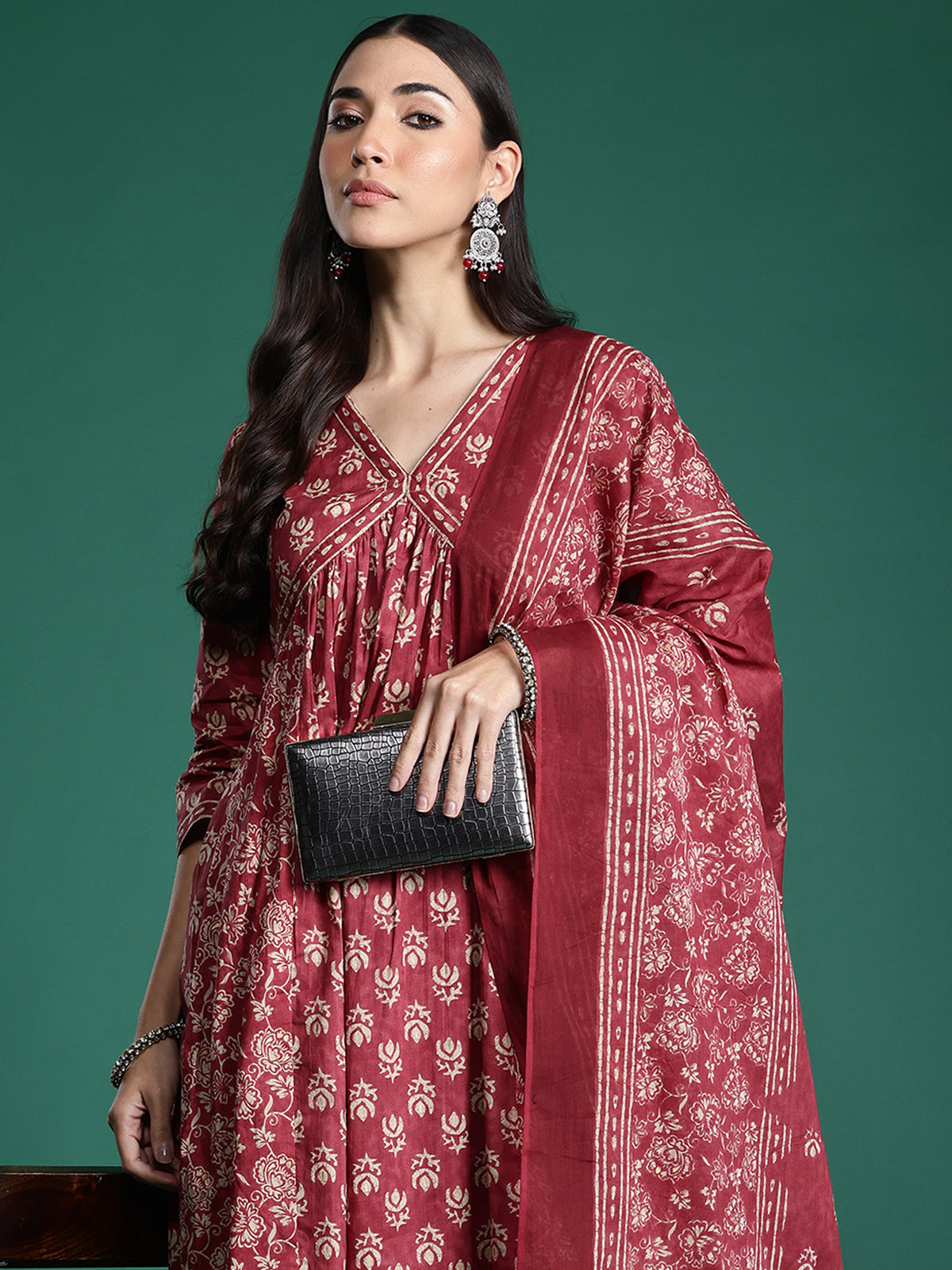 Indo Era Pink Printed A-Line Kurta Trousers With Dupatta set