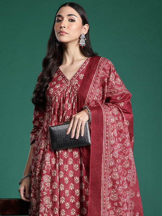 Indo Era Pink Printed A-Line Kurta Trousers With Dupatta set