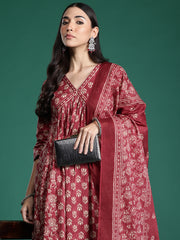 Indo Era Pink Printed A-Line Kurta Trousers With Dupatta set