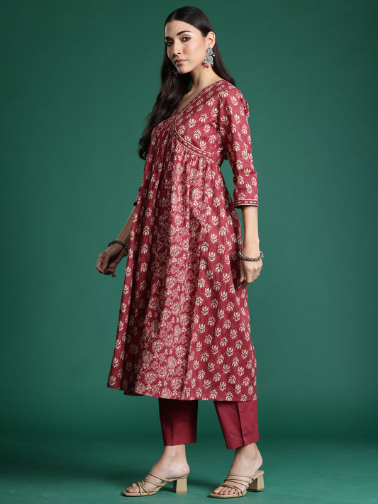 Indo Era Pink Printed A-Line Kurta Trousers With Dupatta set