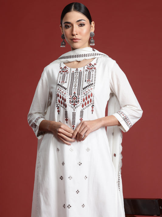 Indo Era White Embroidered Straight Kurta Trousers With Dupatta Set