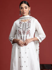 Indo Era White Embroidered Straight Kurta Trousers With Dupatta Set