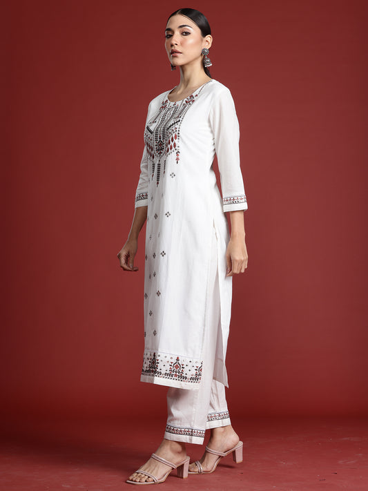 Indo Era White Embroidered Straight Kurta Trousers With Dupatta Set
