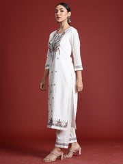 Indo Era White Embroidered Straight Kurta Trousers With Dupatta Set