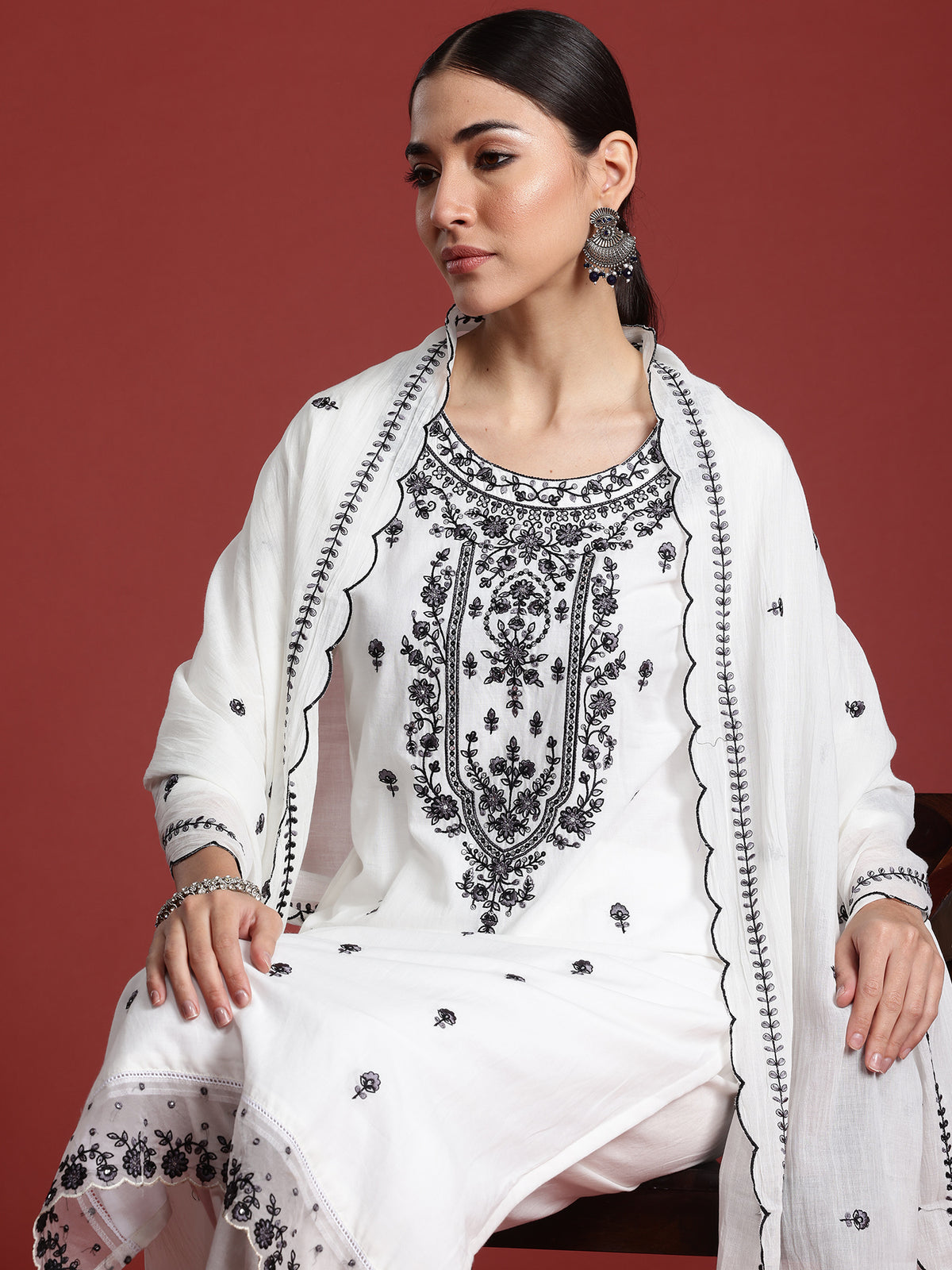White Embroidered Straight Kurta Trousers With Dupatta Set-KH0WH10363