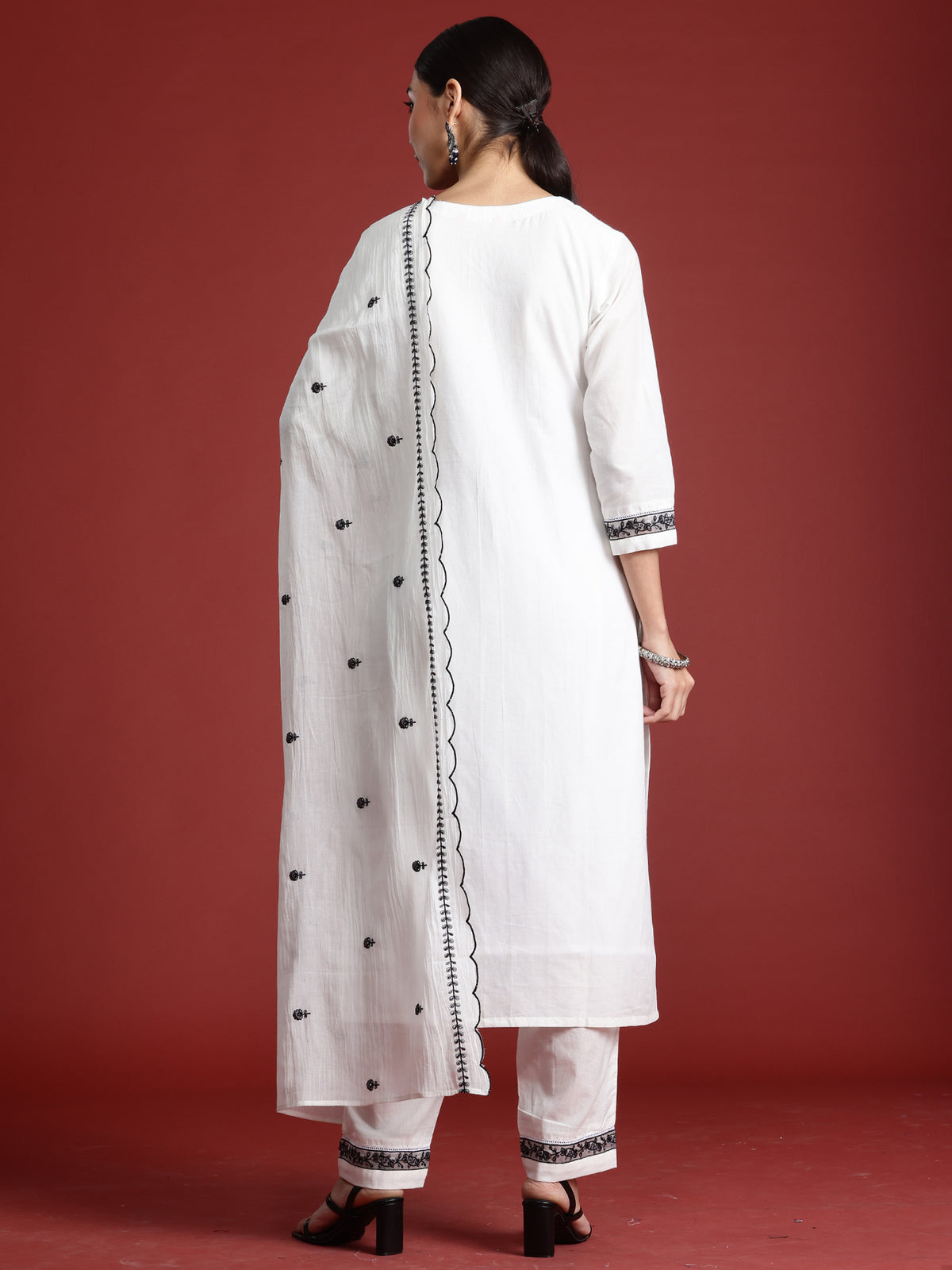 White Embroidered Straight Kurta Trousers With Dupatta Set-KH0WH10363