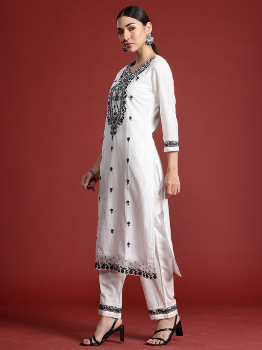 Indo Era White Embroidered Straight Kurta Trousers With Dupatta Set