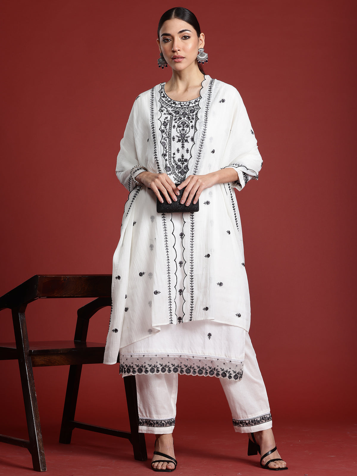 White Embroidered Straight Kurta Trousers With Dupatta Set-KH0WH10363