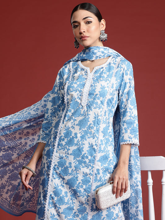 Indo Era Blue Printed Straight Kurta Trousers With Dupatta Set