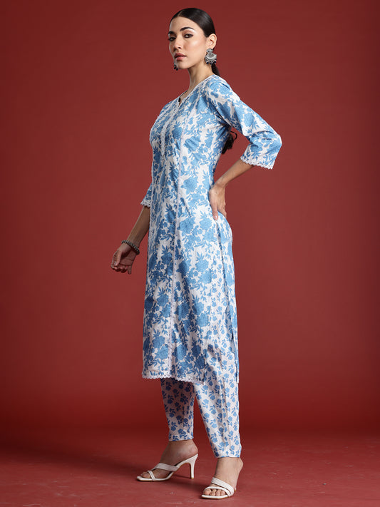 Indo Era Blue Printed Straight Kurta Trousers With Dupatta Set