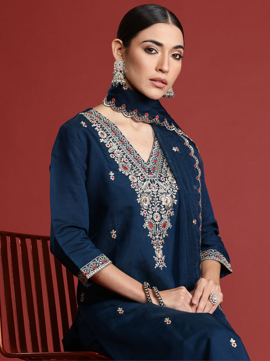 Indo Era Teal Embroidered Straight Kurta Trousers With Dupatta Set