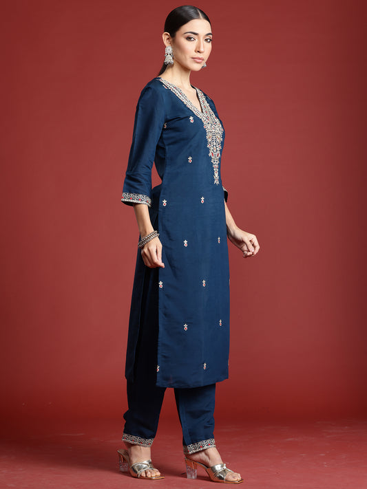 Indo Era Teal Embroidered Straight Kurta Trousers With Dupatta Set
