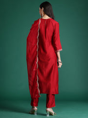 Indo Era Red Embroidered Straight Kurta Trousers With Dupatta Set