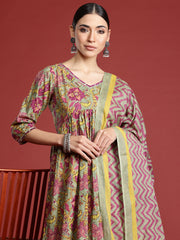 Indo Era Grey Printed Straight Kurta Trousers With Dupatta Set