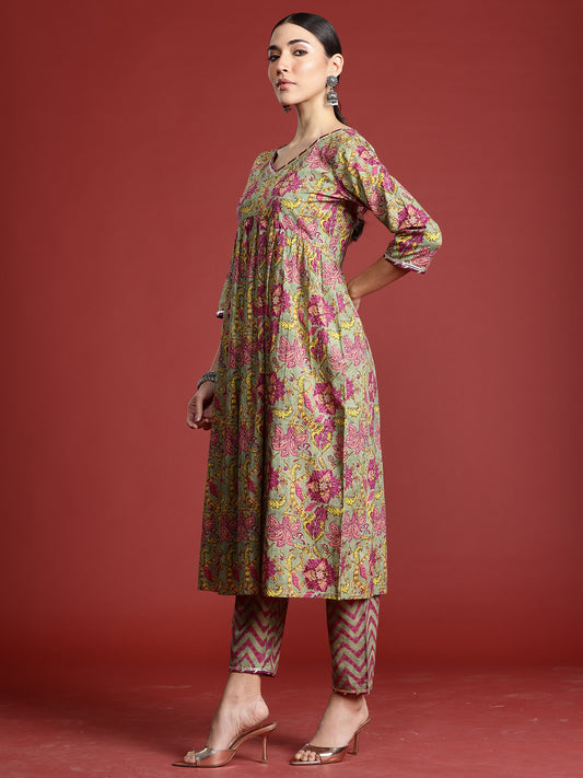 Indo Era Grey Printed Straight Kurta Trousers With Dupatta Set