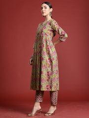 Indo Era Grey Printed Straight Kurta Trousers With Dupatta Set