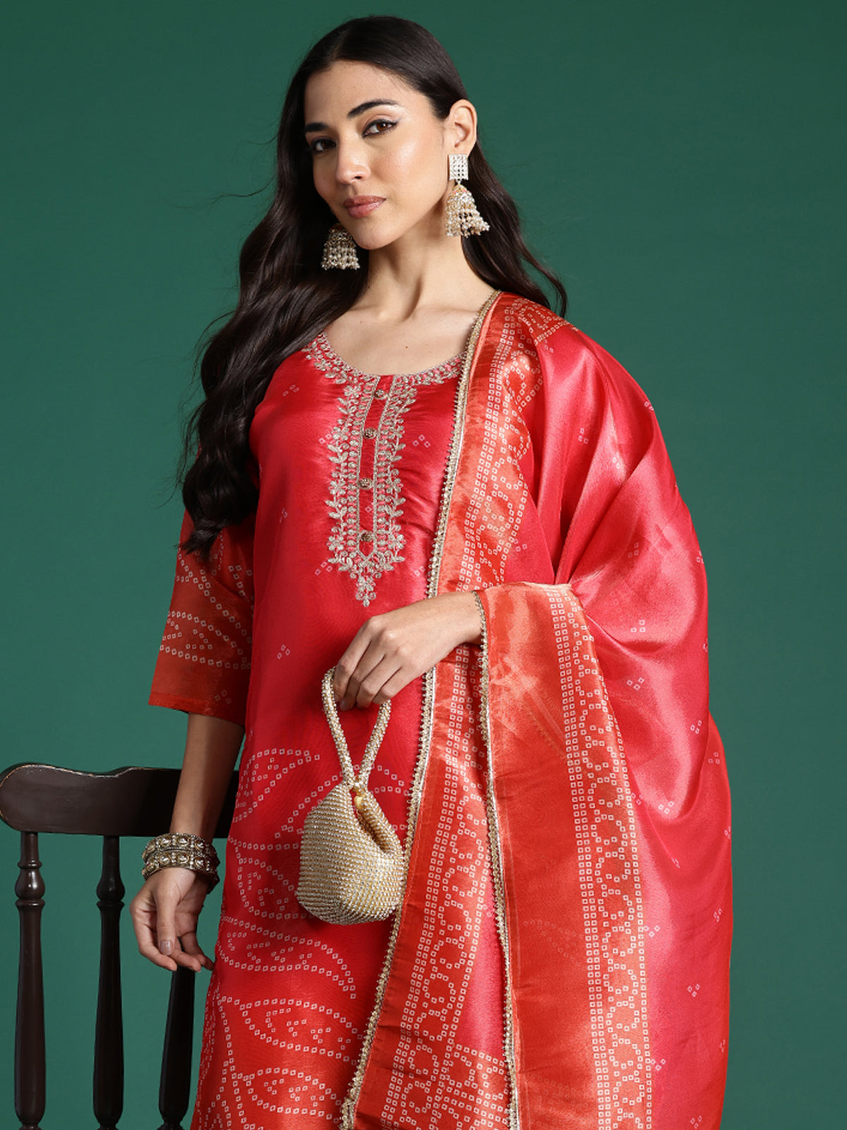 Red Printed Straight Kurta Trousers With Dupatta Set-KH9RD6797