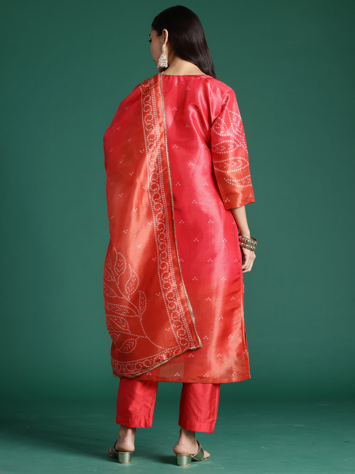 Red Printed Straight Kurta Trousers With Dupatta Set-KH9RD6797