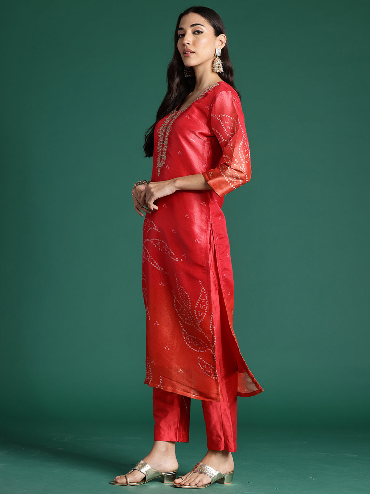 Red Printed Straight Kurta Trousers With Dupatta Set-KH9RD6797