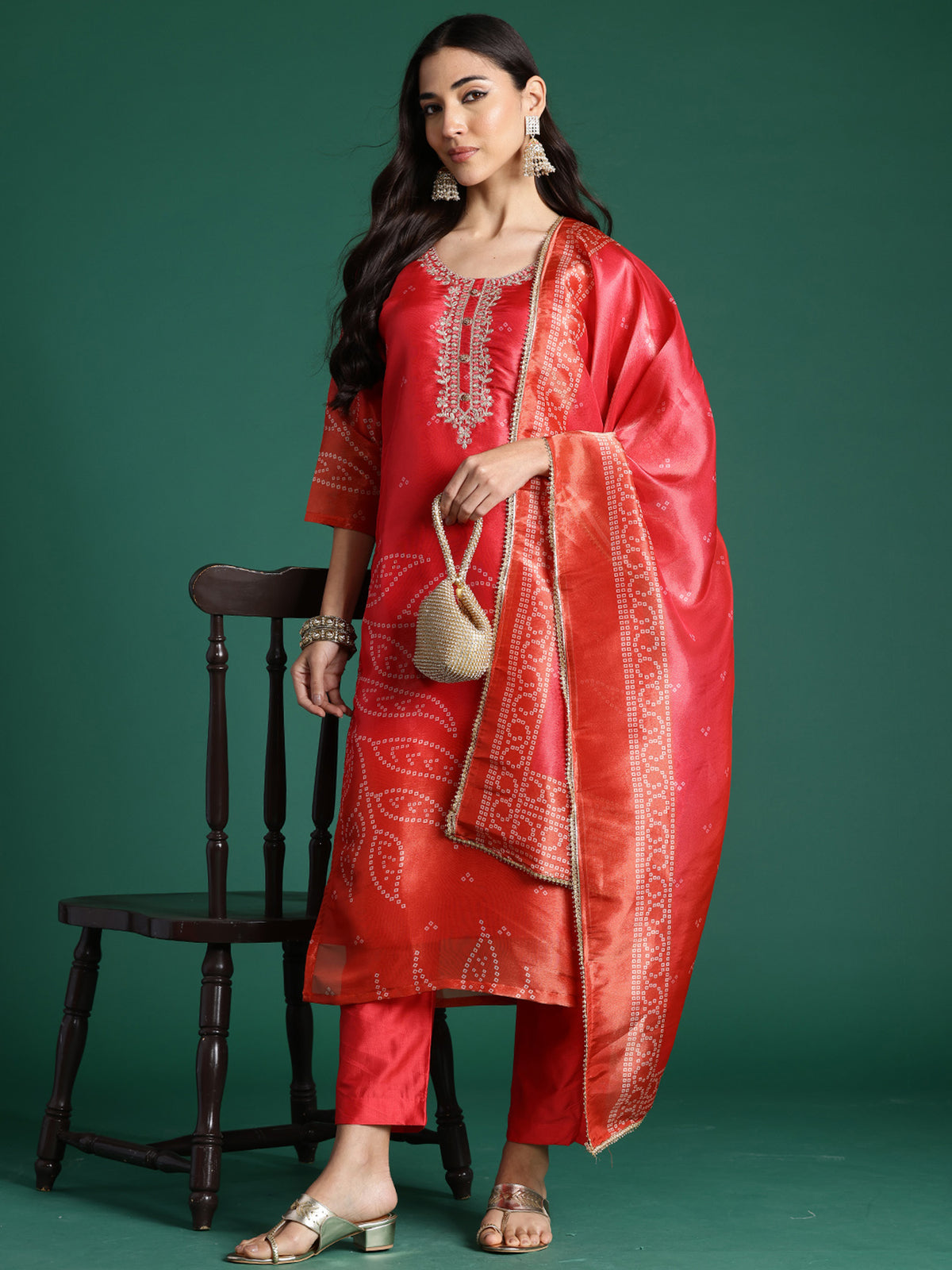 Red Printed Straight Kurta Trousers With Dupatta Set-KH9RD6797
