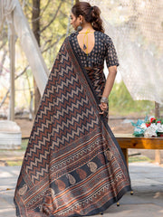 Women's Silk Blend Black Printed Designer Saree With Blouse Piece