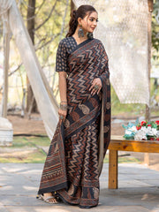 Women's Silk Blend Black Printed Designer Saree With Blouse Piece