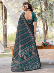 Women's Silk Blend Black Printed Designer Saree With Blouse Piece