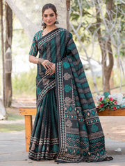 Women's Silk Blend Black Printed Designer Saree With Blouse Piece