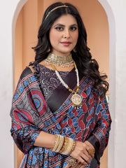Women's Crepe Black Digital Print Designer Saree With Blouse Piece