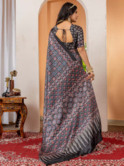 Women's Crepe Black Digital Print Designer Saree With Blouse Piece
