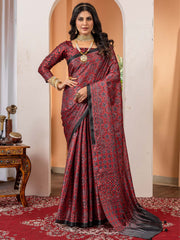 Women's Crepe Maroon Digital Print Designer Saree With Blouse Piece