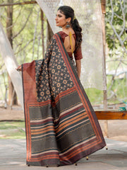 Women's Silk Blend Black Printed Designer Saree With Blouse Piece