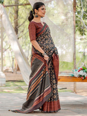 Women's Silk Blend Black Printed Designer Saree With Blouse Piece
