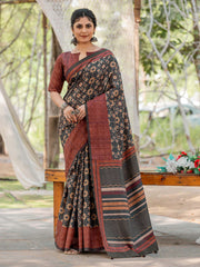 Women's Silk Blend Black Printed Designer Saree With Blouse Piece