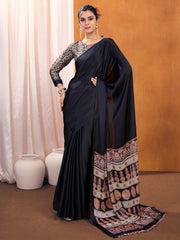 Women's Satin Silk Printed Designer Saree With Blouse Piece