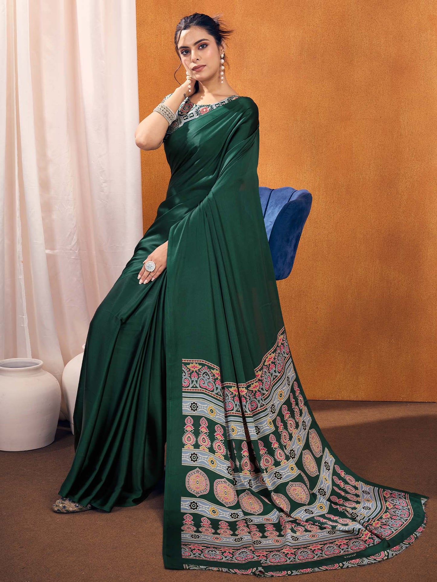 Women's Satin Silk Printed Designer Saree With Blouse Piece