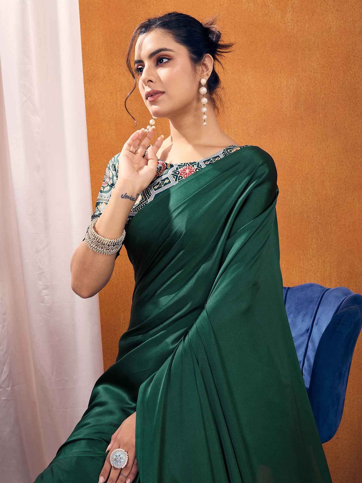 Women's Satin Silk Printed Designer Saree With Blouse Piece
