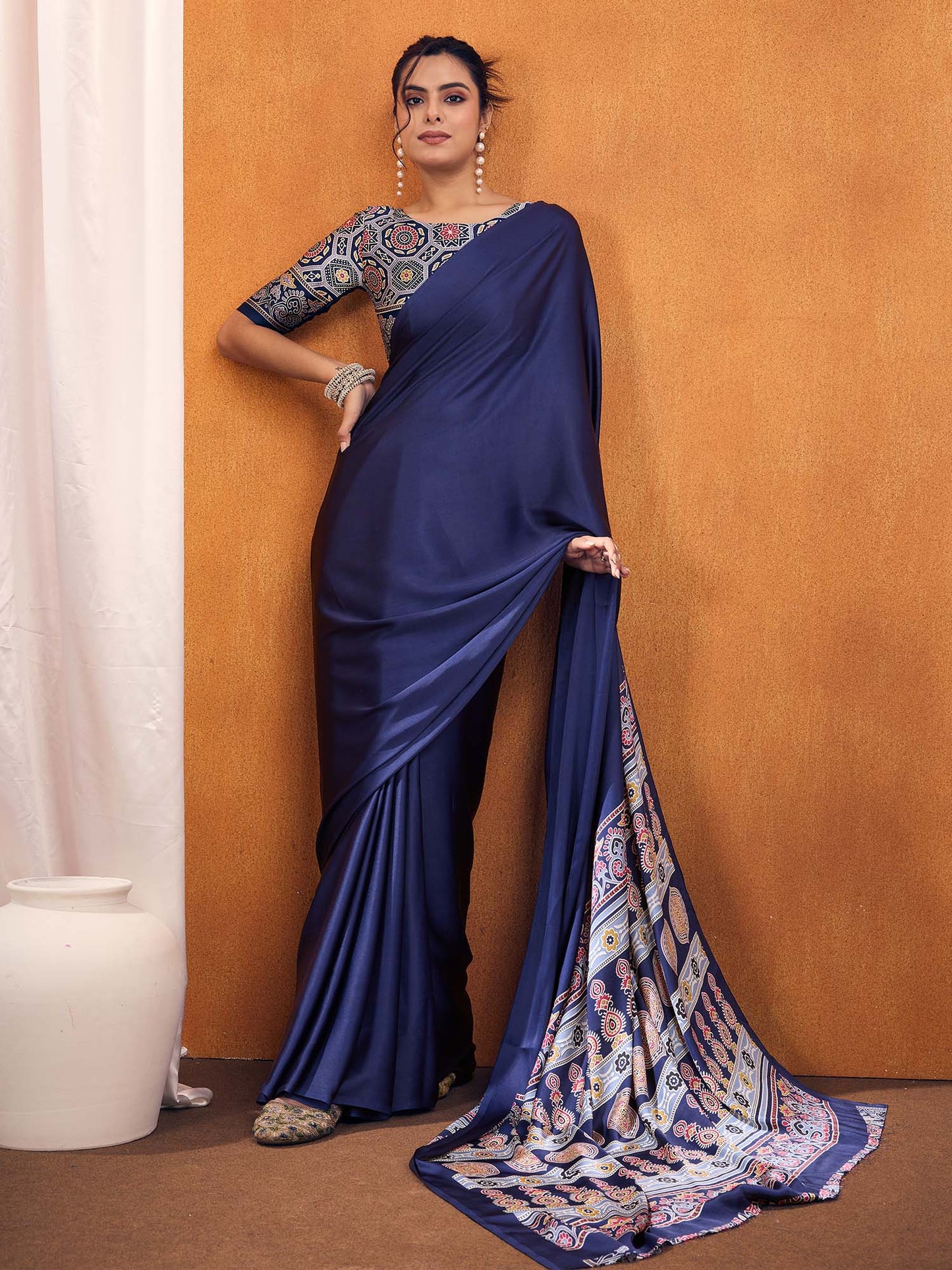 Women's Satin Silk Printed Designer Saree With Blouse Piece