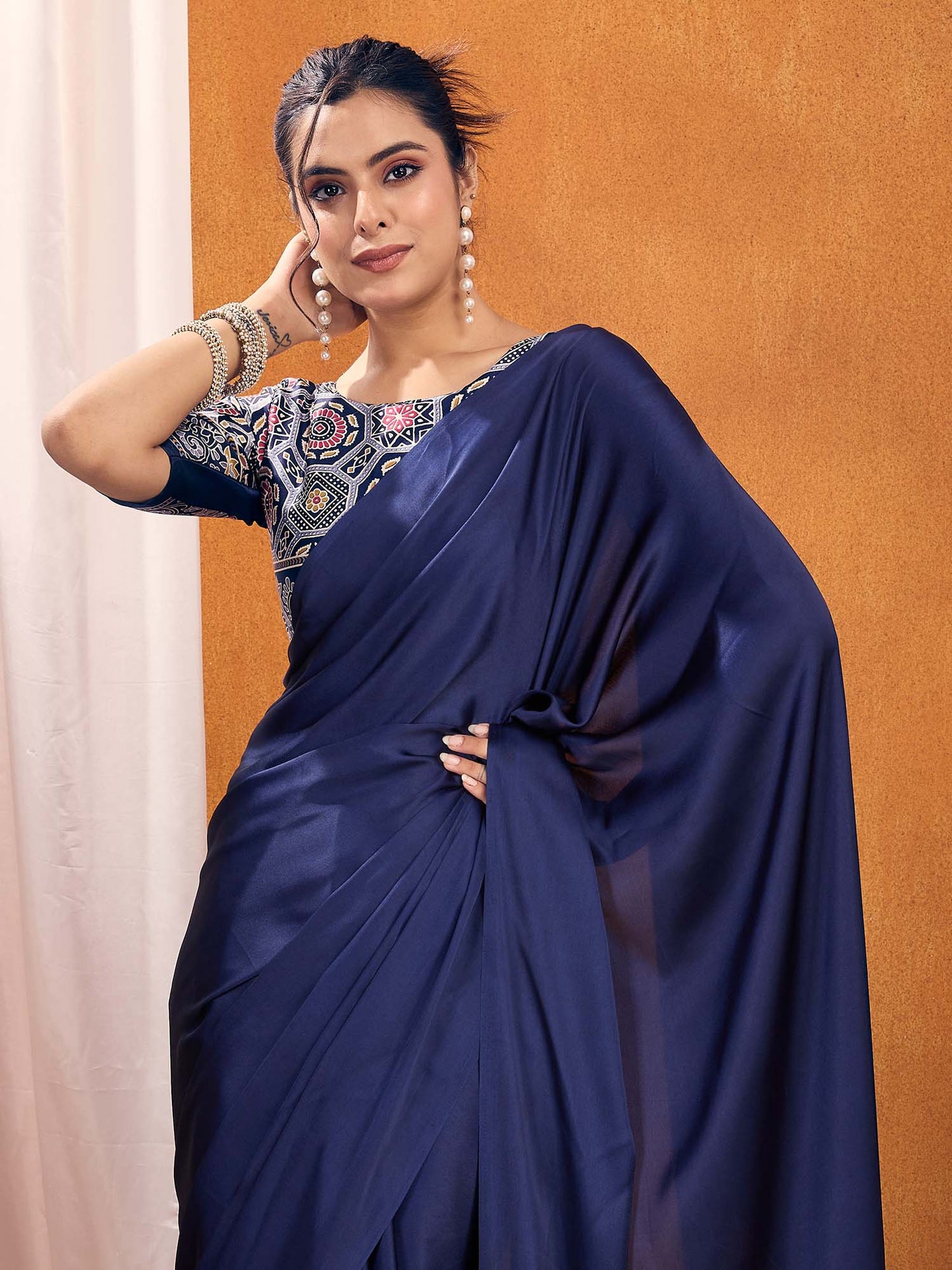Women's Satin Silk Printed Designer Saree With Blouse Piece