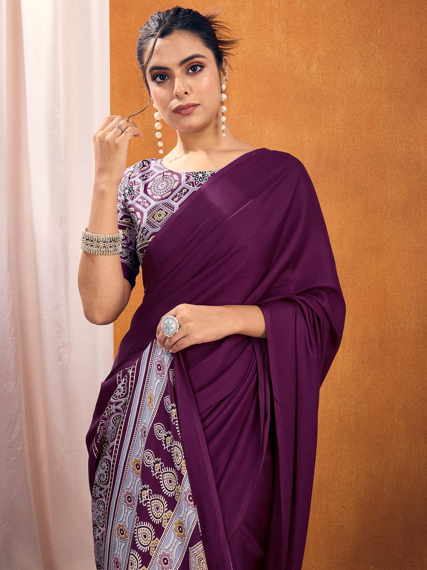 Women's Satin Silk Printed Designer Saree With Blouse Piece