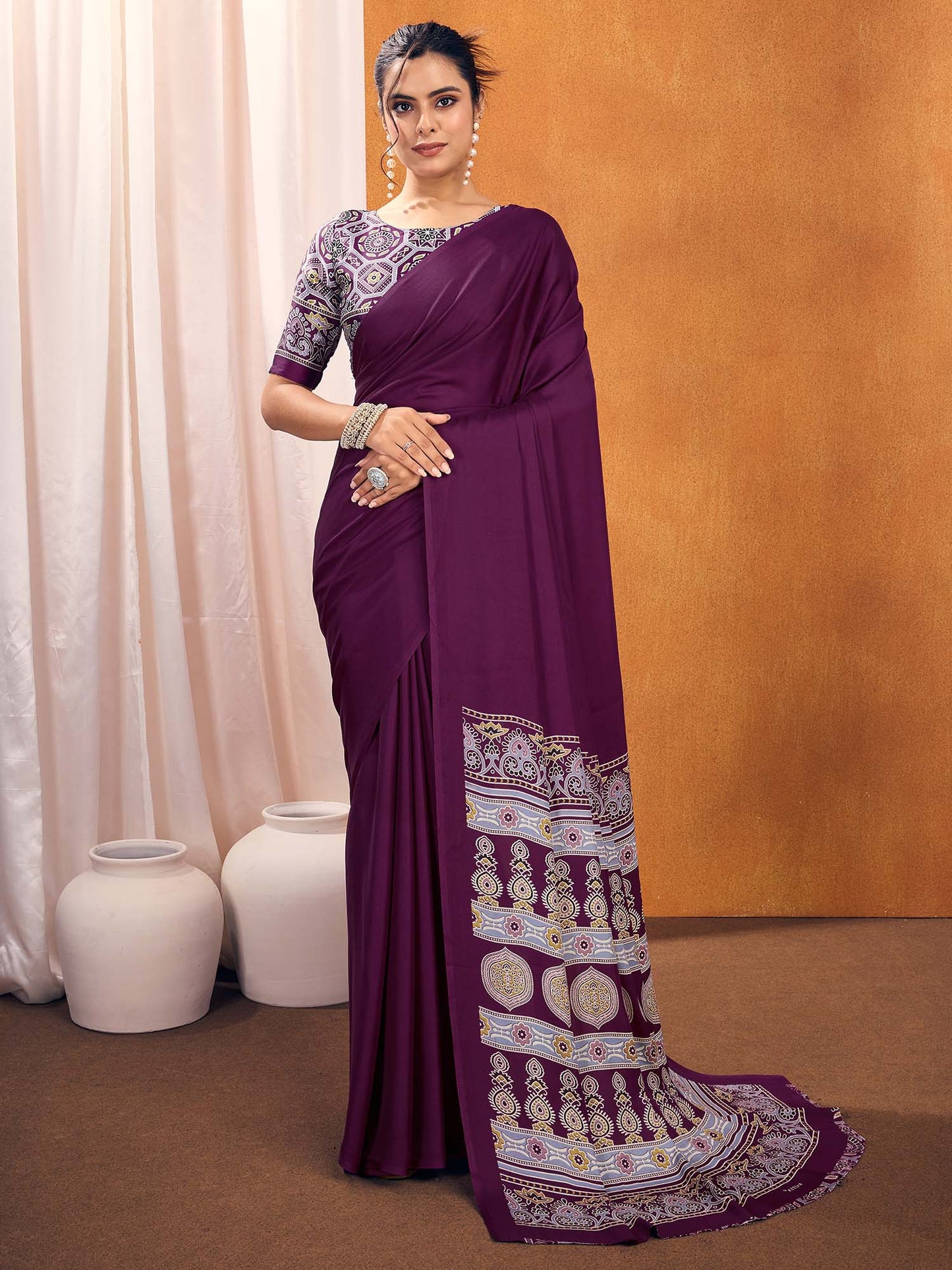 Women's Satin Silk Printed Designer Saree With Blouse Piece