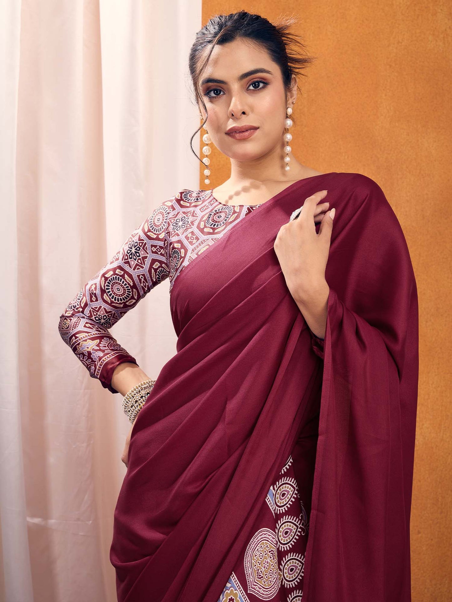 Women's Satin Silk Printed Designer Saree With Blouse Piece