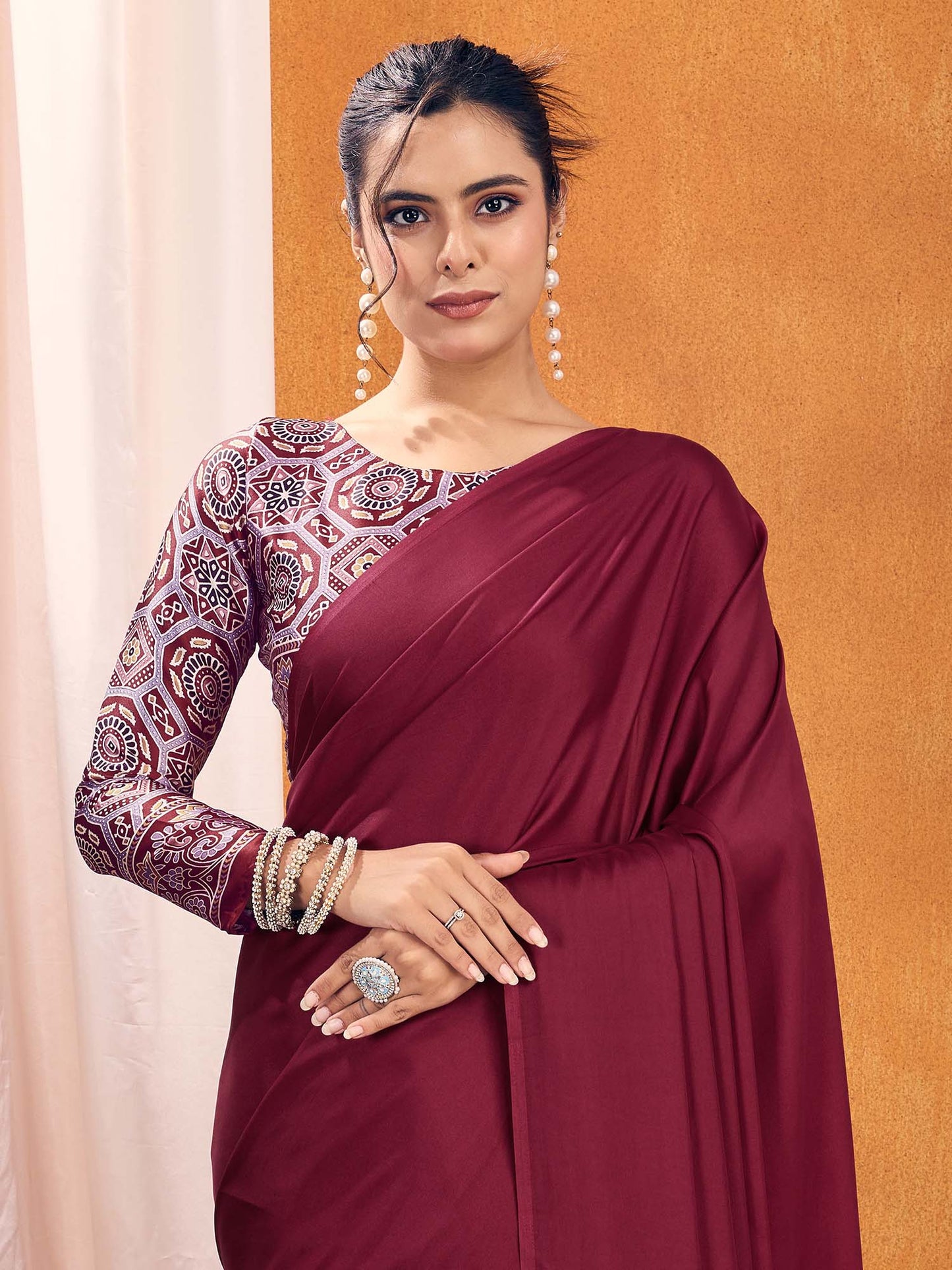 Women's Satin Silk Printed Designer Saree With Blouse Piece