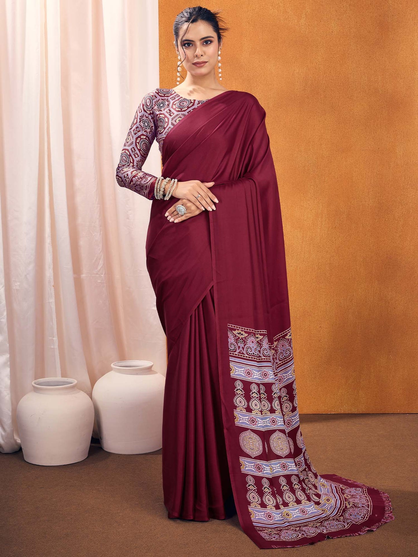 Women's Satin Silk Printed Designer Saree With Blouse Piece