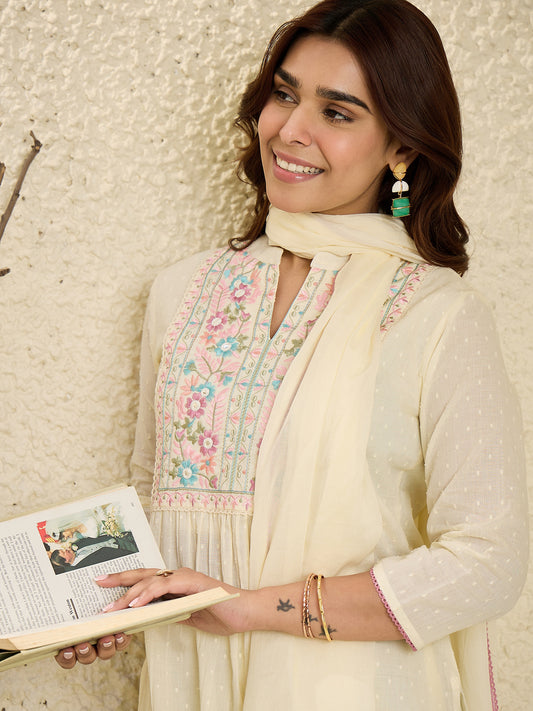Indo Era Off White Embroidered A-Line Kurta Trousers With Dupatta Set