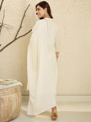 Indo Era Off White Embroidered A-Line Kurta Trousers With Dupatta Set