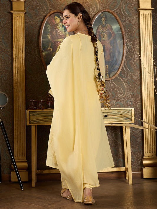 Indo Era Yellow Embroidered A-Line Kurta Trousers With Dupatta set