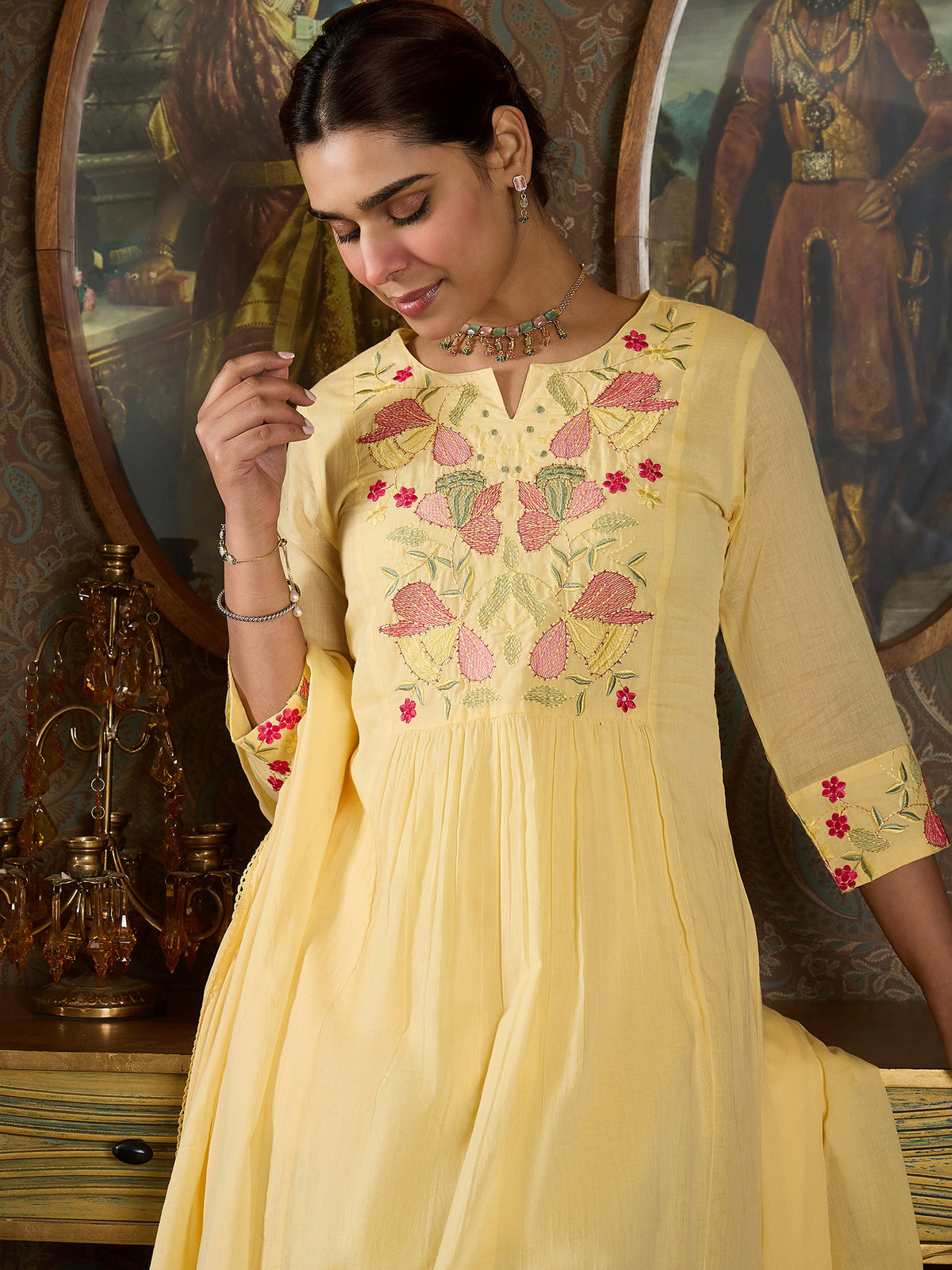 Indo Era Yellow Embroidered A-Line Kurta Trousers With Dupatta set