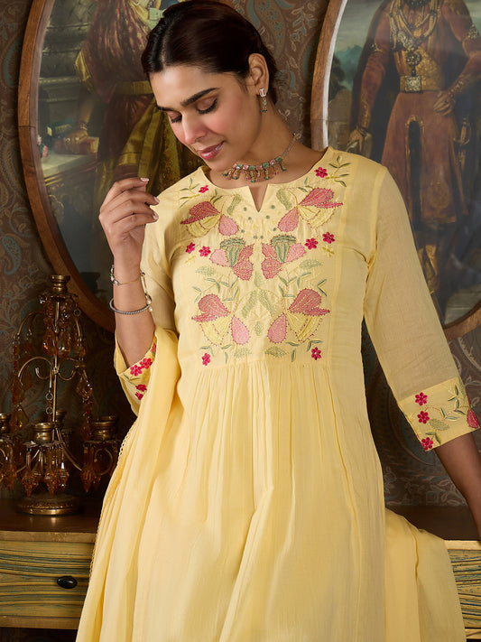 Indo Era Yellow Embroidered A-Line Kurta Trousers With Dupatta set
