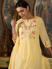 Indo Era Yellow Embroidered A-Line Kurta Trousers With Dupatta set